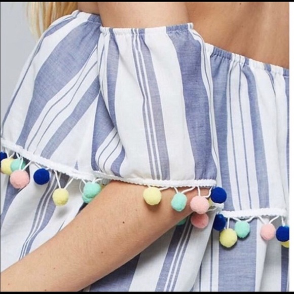 Promesa Navy Striped off the shoulder Pom Pom Top - Picture 2 of 7